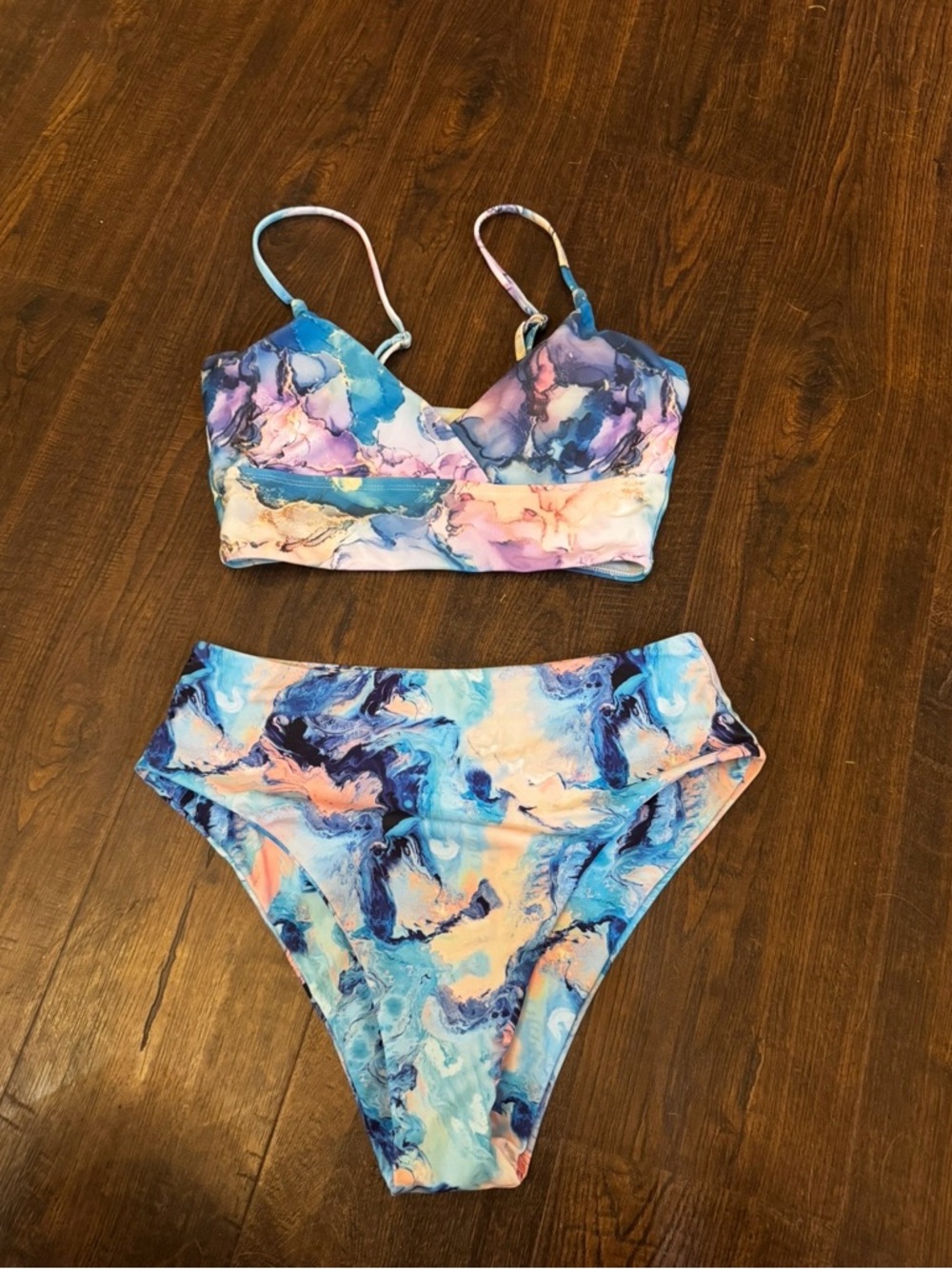 Marbled Two-Piece Bikini Set in Blue and Pink size medium